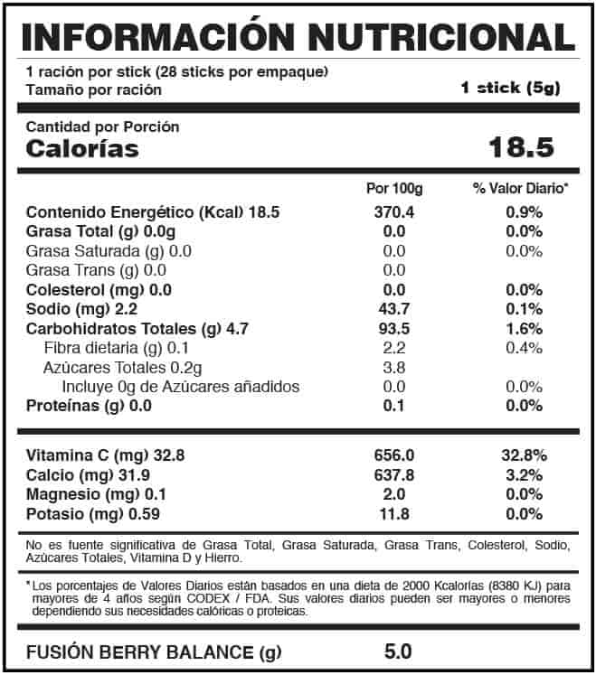 BERRY BALANCE FUXION ingredientes tabla nutricional de componentes naturales ¿que contiene?