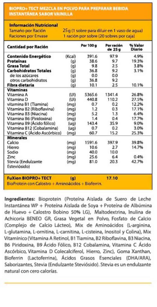 BIOPRO TECT FUXION ingredientes tabla nutricional de componentes naturales ¿que contiene?