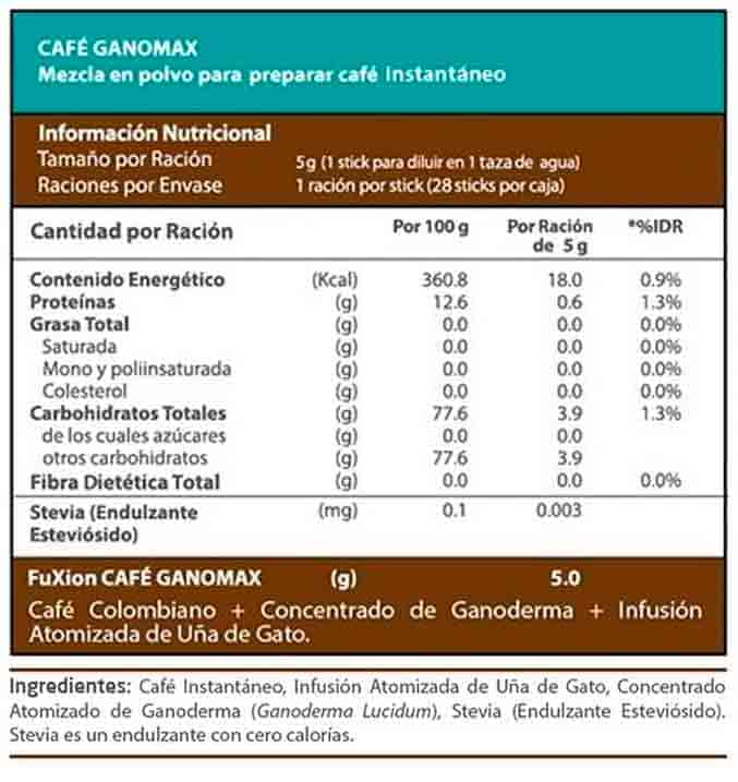 CAFE GANOMAX FUXION ingredientes tabla nutricional de componentes naturales ¿que contiene?