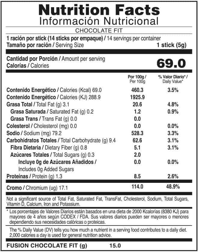 CHOCOLATE FIT FUXION ingredientes tabla nutricional de componentes naturales ¿que contiene?