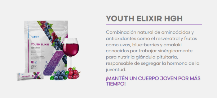 Youth Elixir FuXion bebida anti age línea antienvejecimiento ayuda a retrasar el paso de los años, bebida antiedad evolucion del hgh