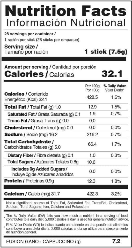 GANOMAS GANO+ CAPUCCINO FUXION ingredientes tabla nutricional de componentes naturales ¿que contiene?