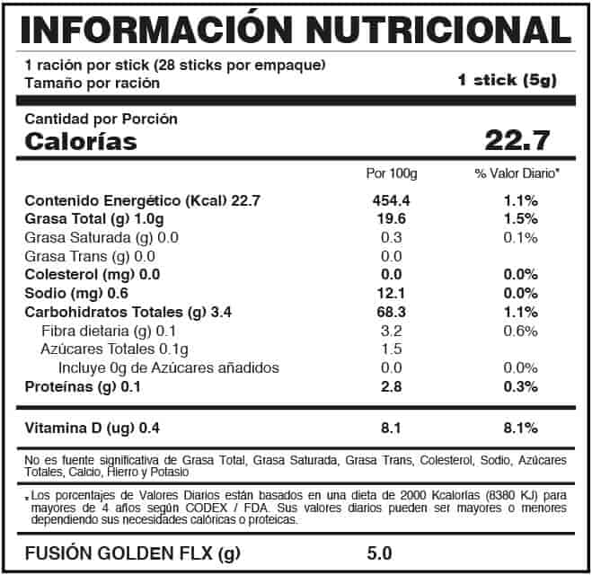 GOLDEN FLX TE FUXION ingredientes tabla nutricional de componentes naturales ¿que contiene?