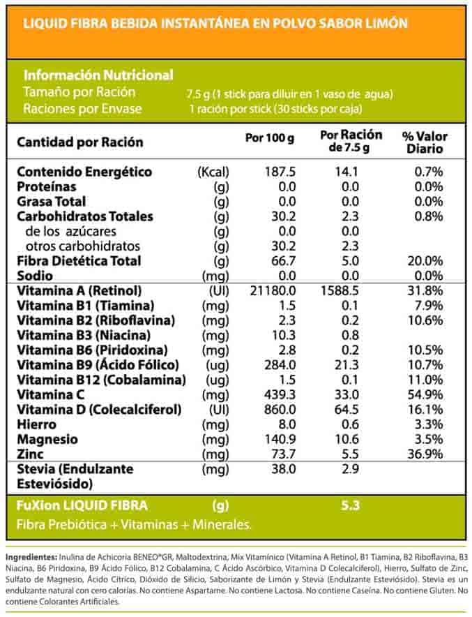 LIQUID FIBER FIBRA FUXION ingredientes tabla nutricional de componentes naturales ¿que contiene?