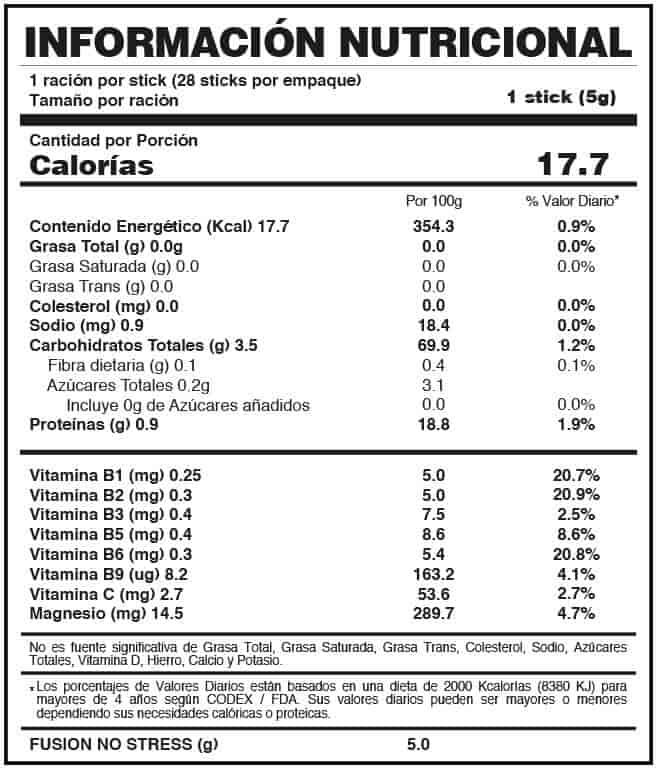 NO STRESS OFF FUXION ingredientes tabla nutricional de componentes naturales ¿que contiene?