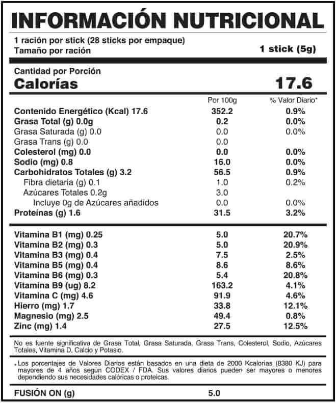 ON FUXION ingredientes tabla nutricional de componentes naturales ¿que contiene?
