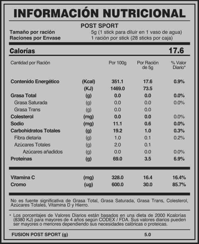 POST SPORT FUXION ingredientes tabla nutricional de componentes naturales ¿que contiene?