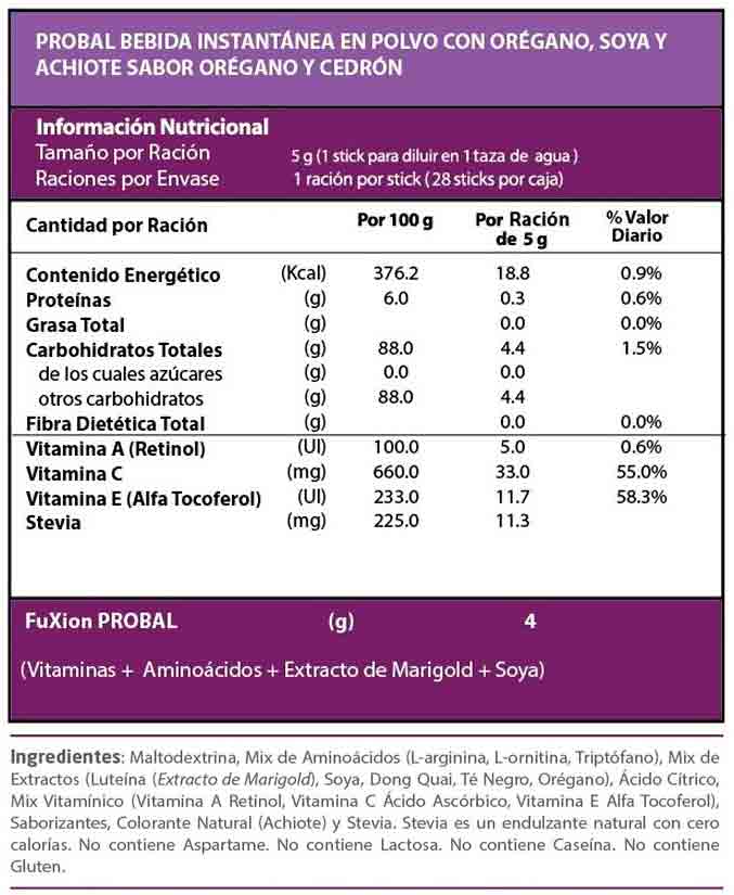 PROBAL FUXION ingredientes tabla nutricional de componentes naturales ¿que contiene?