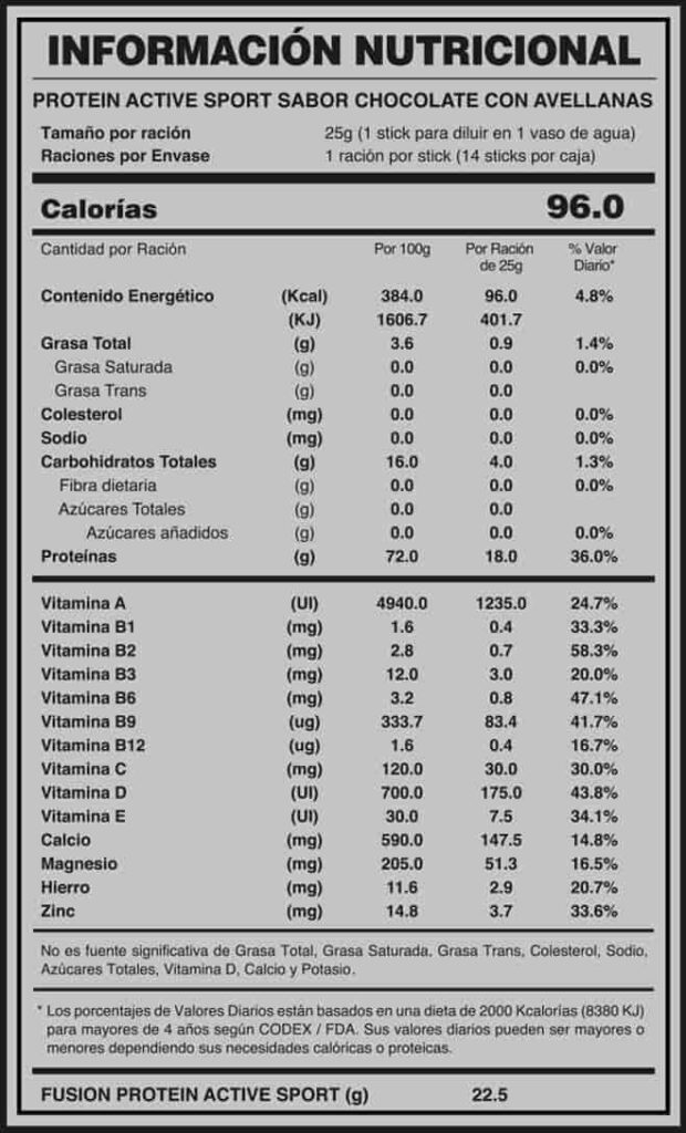 PROTEIN ACTIVE SPORT BIOPRO X FUXION ingredientes tabla nutricional de componentes naturales ¿que contiene?