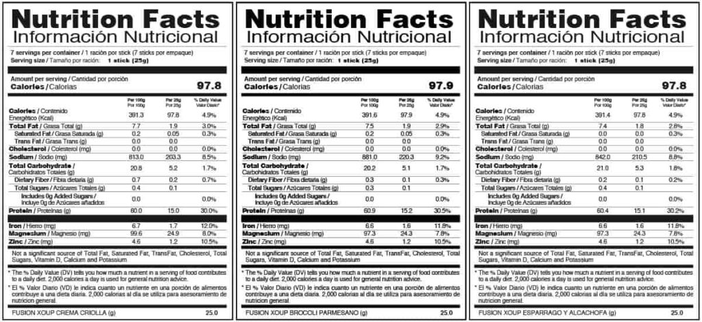 PROTEIN XOUP FUXION ingredientes tabla nutricional de componentes naturales ¿que contiene?