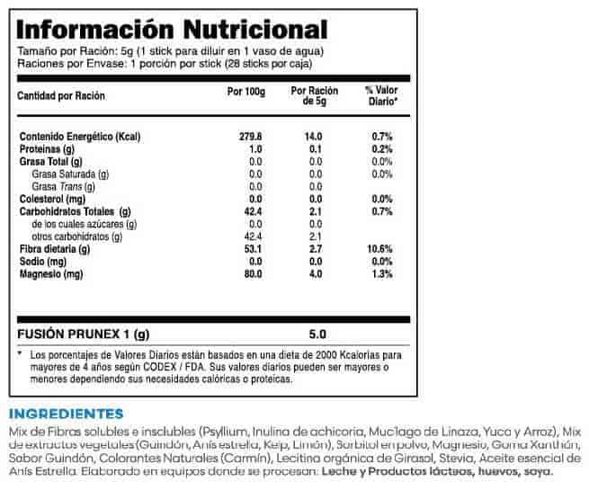 PRUNEX 1 FUXION ingredientes tabla nutricional de componentes naturales ¿que contiene?