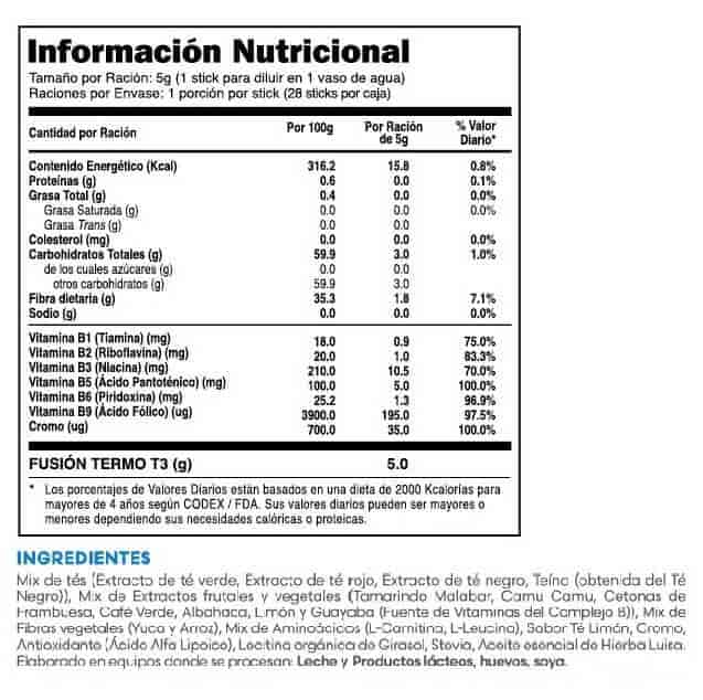 THERMO T3 TERMO TE FUXION ingredientes tabla nutricional de componentes naturales ¿que contiene?