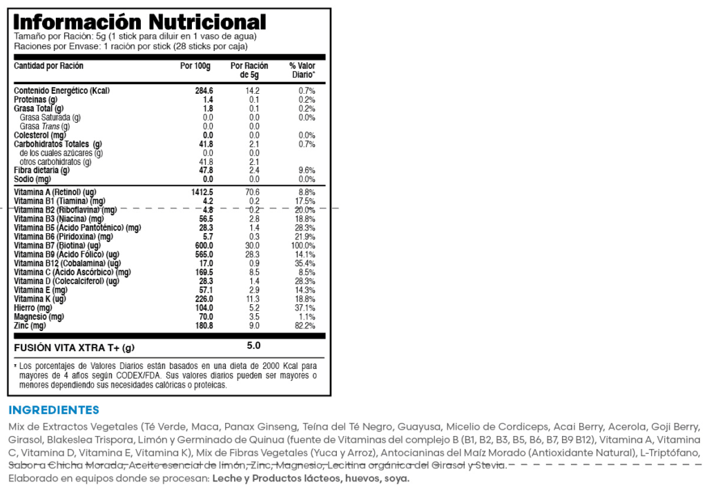 VITA XTRA T+ FUXION ingredientes tabla nutricional de componentes naturales ¿que contiene?