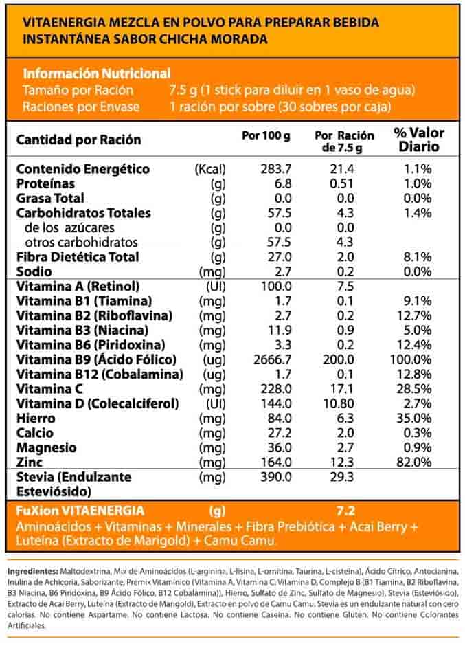 VITAENERGIA CHICHA FUXION ingredientes tabla nutricional de componentes naturales ¿que contiene?