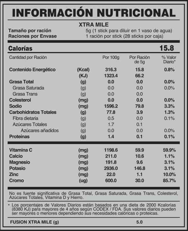 XTRA MILE FUXION ingredientes tabla nutricional de componentes naturales ¿que contiene?